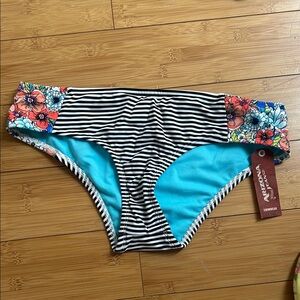 Arizona Jean Co. Floral & Stripe Bikini Bottoms - Black/White & Turquoise